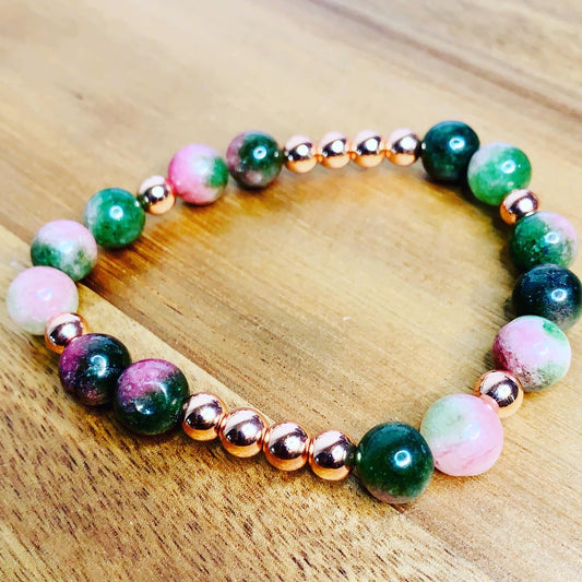 Watermelon Tourmaline and copper gemstone bracelet